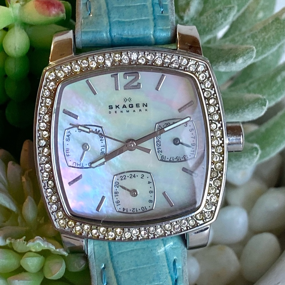 Skagen Mother of Pearl & Crystal Watch with Turquoise Crocodile Band - Picture 2 of 11
